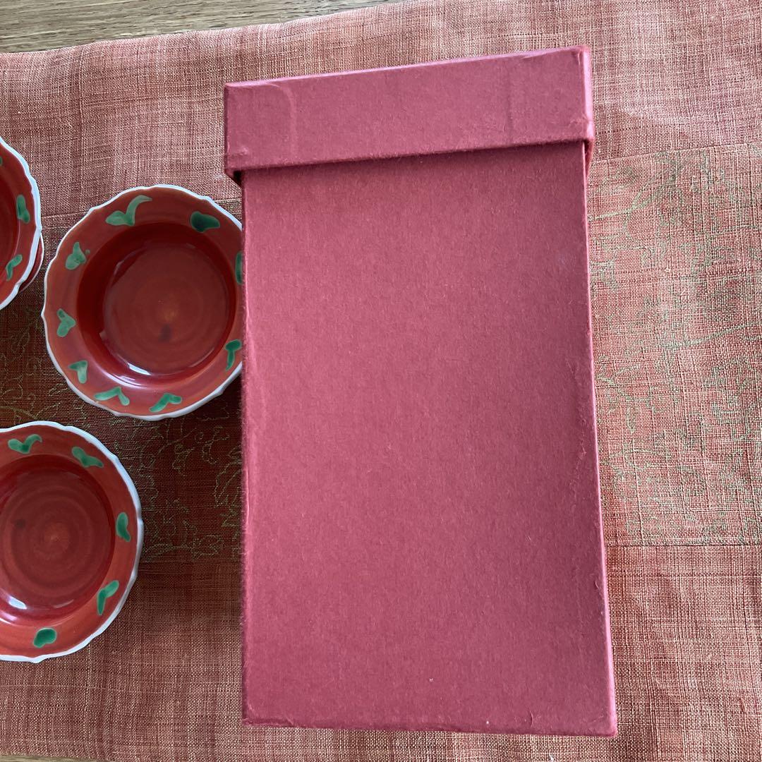 九谷焼　須田菁華　赤地緑彩　高台小鉢　5客揃い