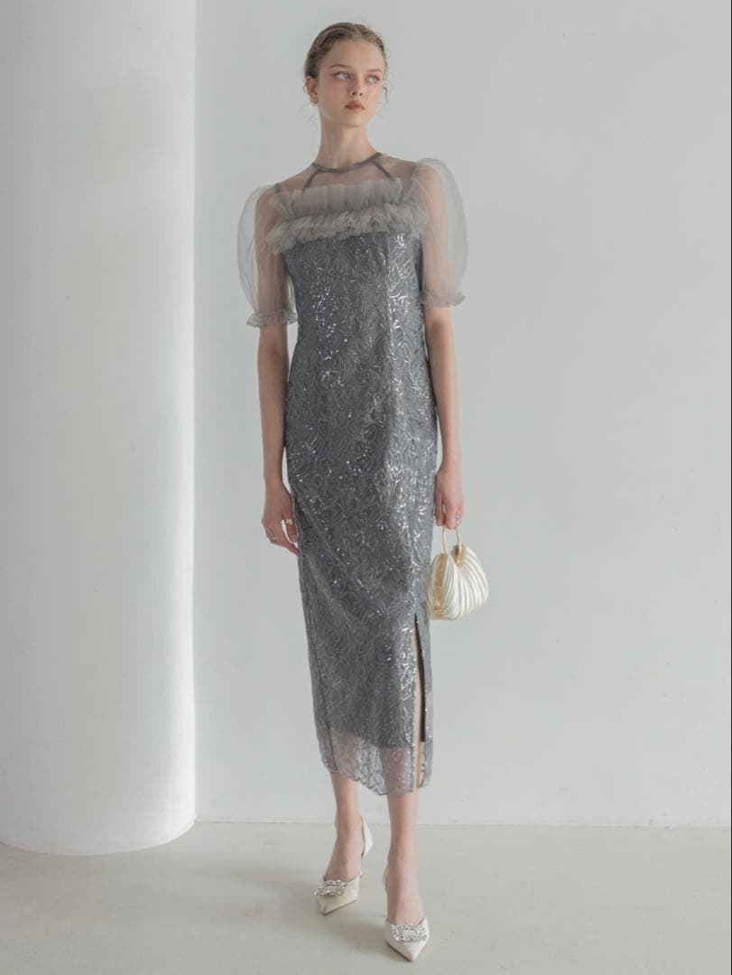 チュールフラワースパンコールIラインワンピースドレス結婚式パーティー成人式二次会