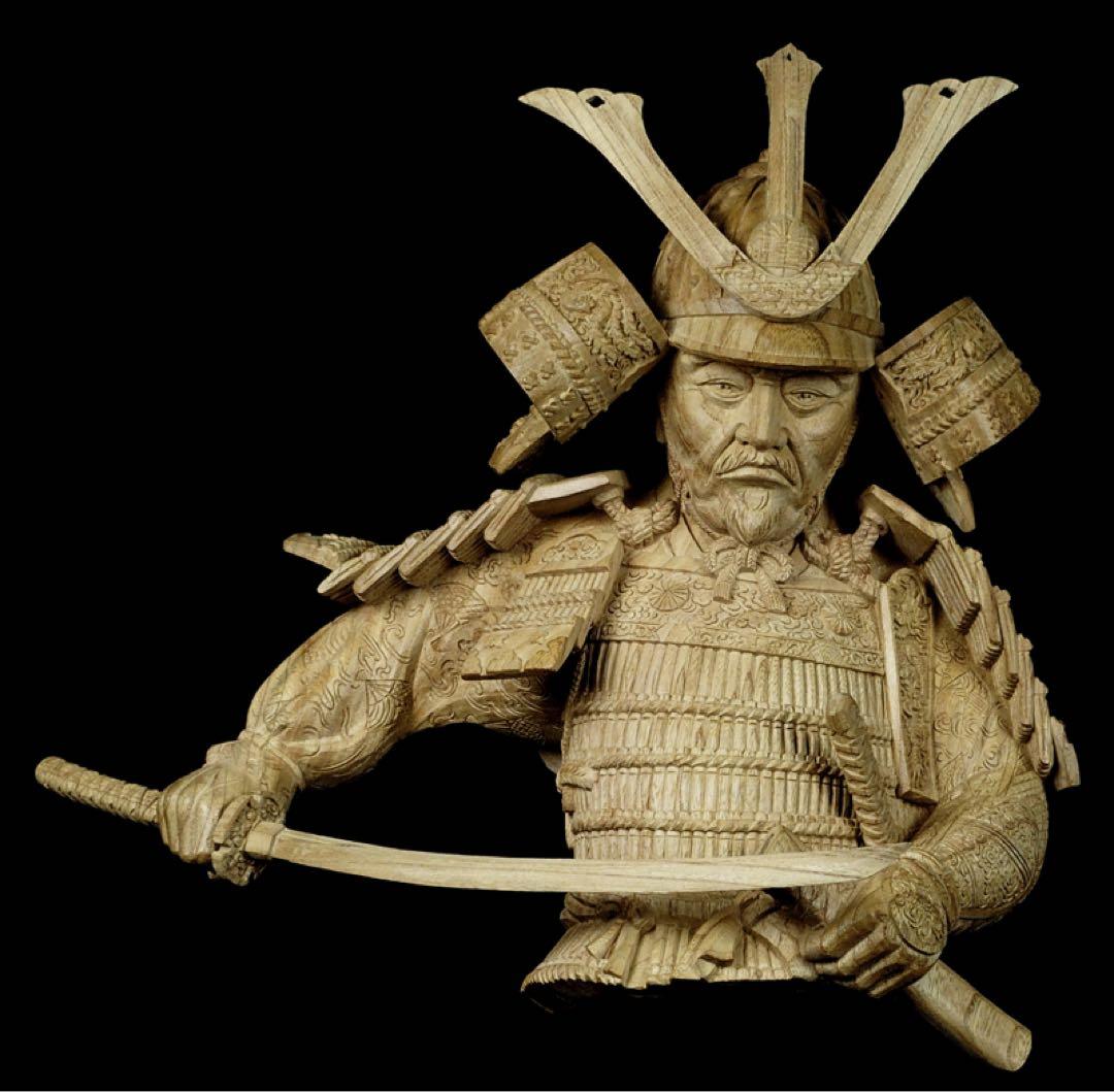 楠木正成像　SHOGUN 将軍　日本の武将　木彫作品　壁掛け　箱あり