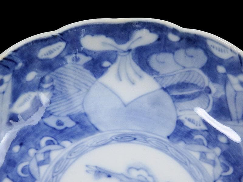 古伊万里　染付　巾着に宝尽くし　麒麟の図　膾皿　５客　129AS-CVv