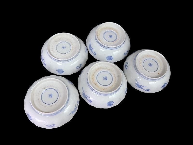 古伊万里　染付　巾着に宝尽くし　麒麟の図　膾皿　５客　129AS-CVv