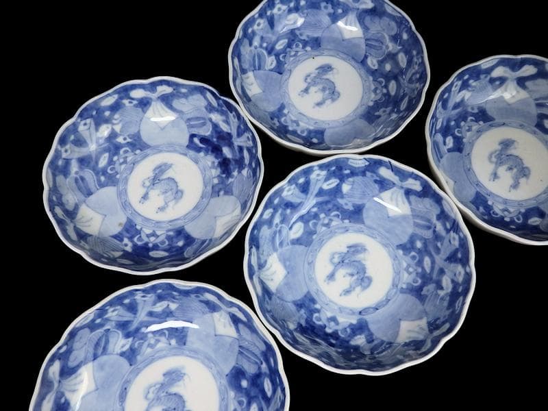 古伊万里　染付　巾着に宝尽くし　麒麟の図　膾皿　５客　129AS-CVv