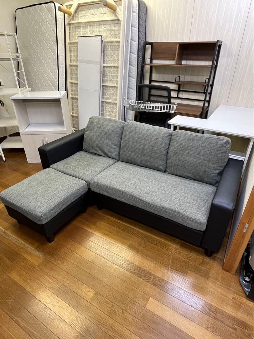 激安販売!! 3人掛けソファ カウチソファ オットマン付き オーヤマ