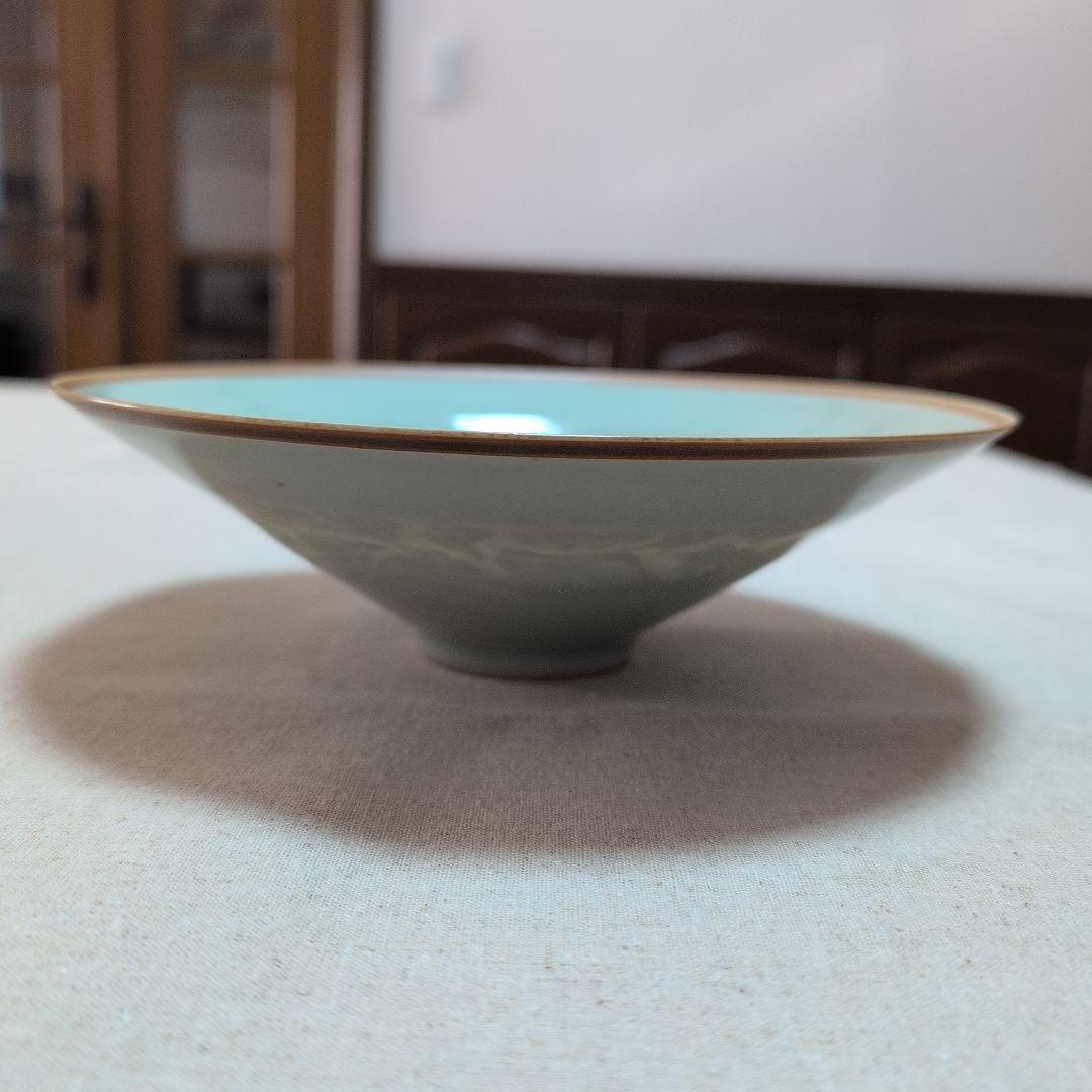 茶道具 青磁平茶碗 龍と鳳凰の図柄 化粧箱入