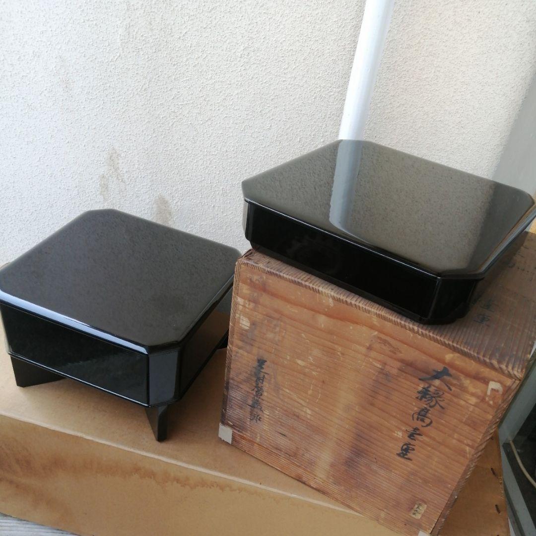 骨董　大縁高重箱　脚付　週か　蓋二枚　木製　漆器　漆　木箱