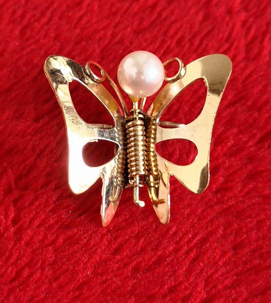 ヴィンテージ 18金 ブローチ バネ式 アコヤ本真珠 蝶モチーフ K18 B62