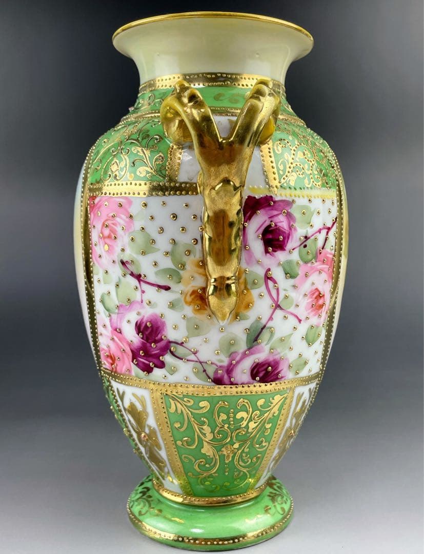 【希少】オールドノリタケ 薔薇紋 ジュエル 金点盛り ビーディング 花瓶