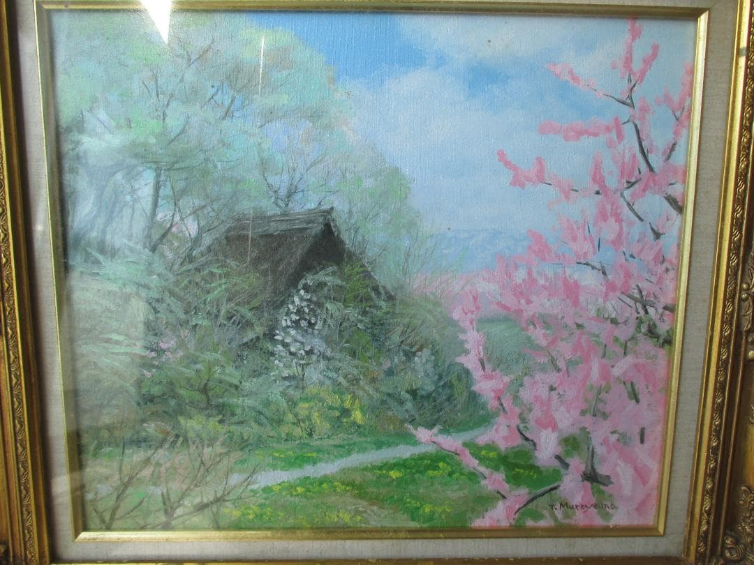 村山孝夫◎桃の花 春 信州◎茅葺屋根油彩原画ふるさとの