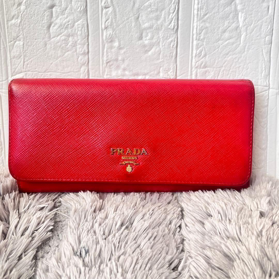 良品✨PRADA サフィアーノ メタルロゴ レッド 長財布 レディース