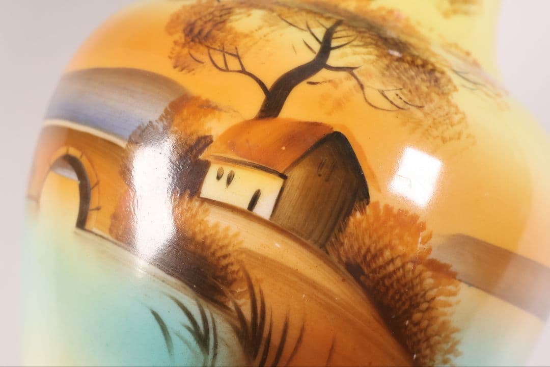 CM304】オールドノリタケ 湖畔の風景 花瓶 高21cm 夕焼け 花入 花器