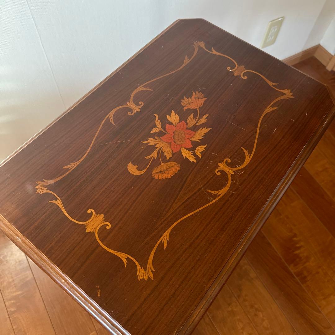 象嵌♦︎木製花柄装飾2段サイドテーブル♦︎電話FAX台♦︎コンソール