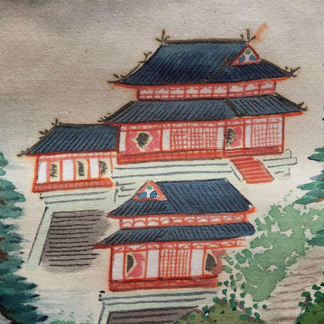 掛軸 風景画 山間部 蓬莱山 お城 押印有 箱付き 作者不明 24.10.20