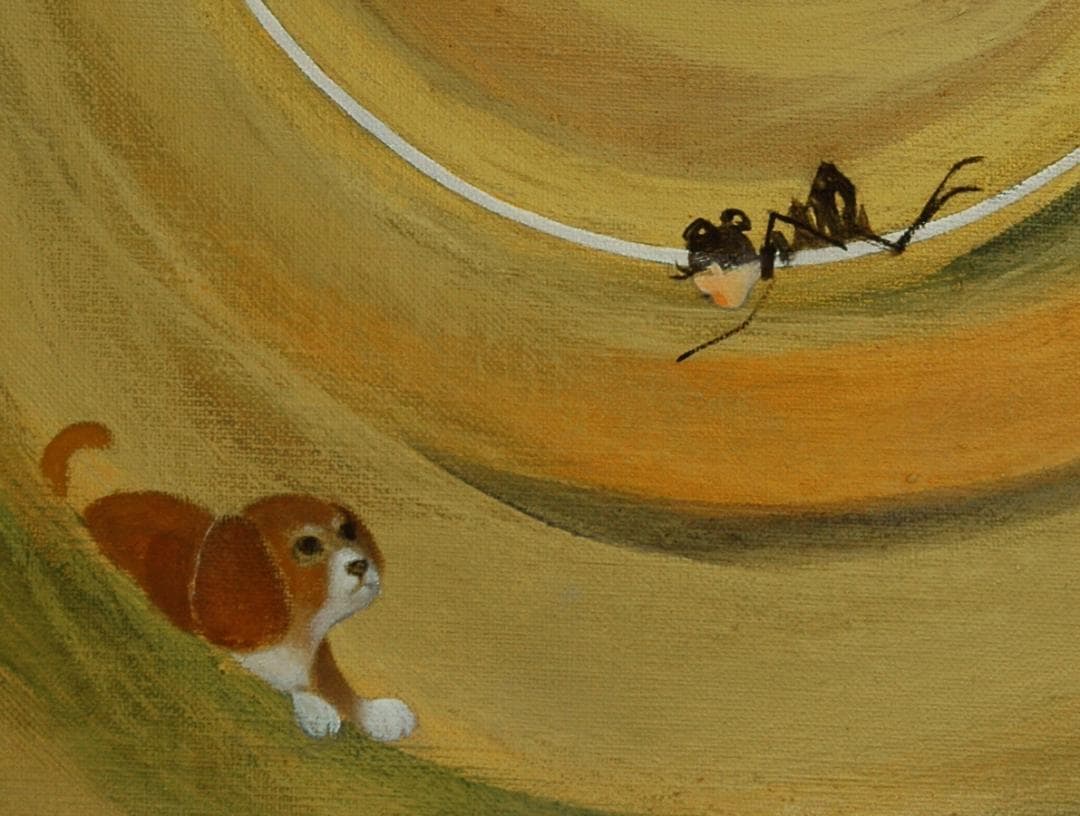 油絵 菅家令子 絵 絵画インテリア額付(黒)F6-070119祈り希望 子犬女子