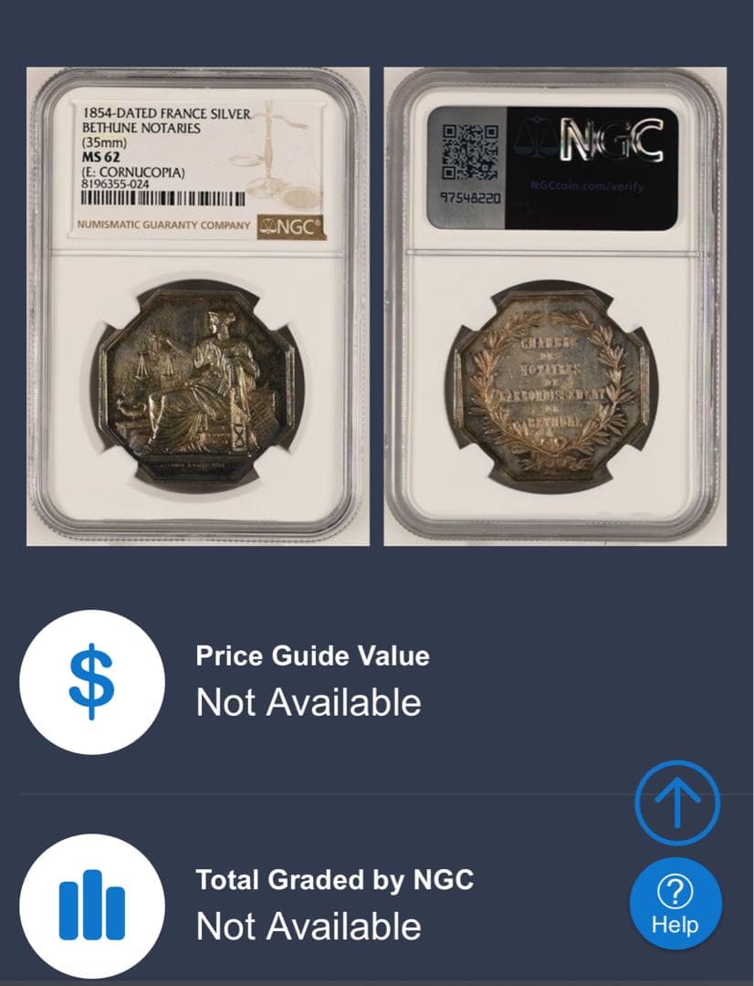 超希少 煌トーン NGC MS62】 フランス 1854 ジェトン銀貨 公証人
