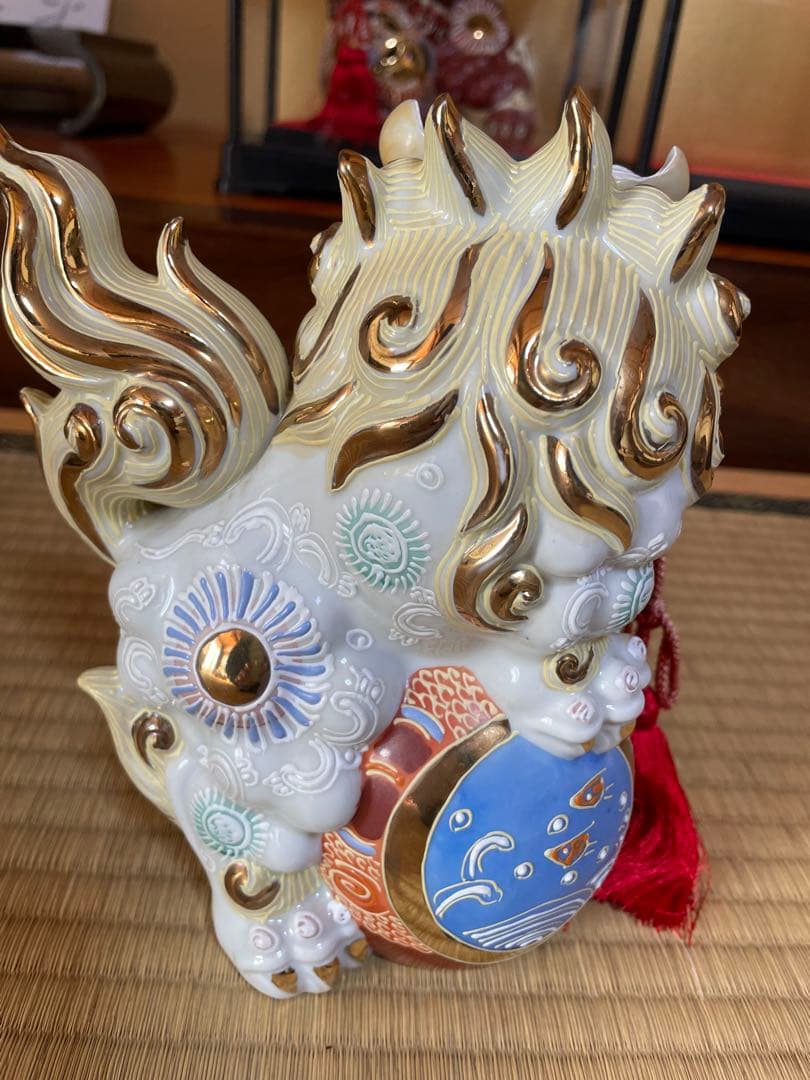 九谷焼 陶器製 獅子の置物 赤・白・金 紅白 工芸品 アンティーク