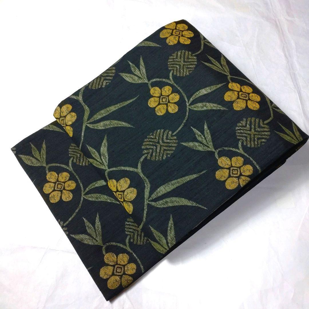 極上 逸品 花文模様 唐草 黒×銀×青緑 螺鈿 正絹 六通 袋帯 フォーマル