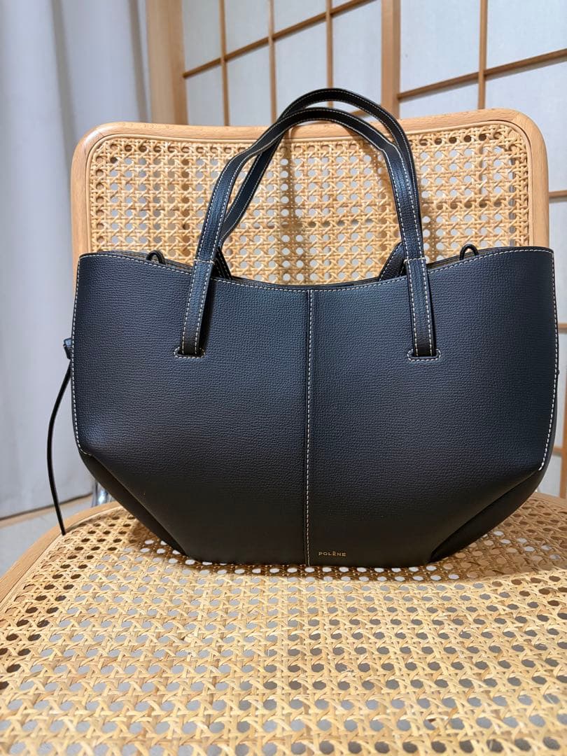 polene cyme mini ブラック テクスチャード エクリュ ステッチ