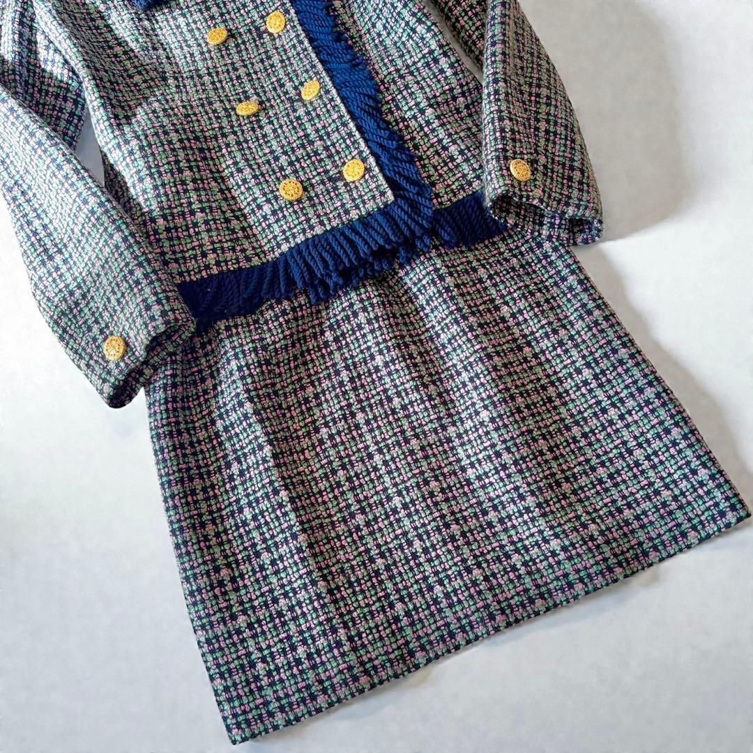 ミックスツイード バブリースーツ フリンジ 金ボタン 日本製