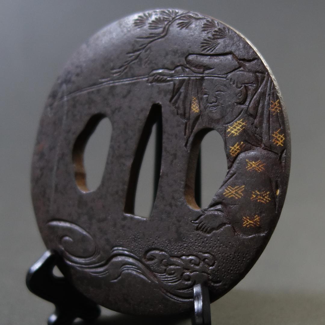 【 太公望図鍔 】 鍔 鐔 鉄地 象嵌 刀装具 武具 骨董 アンティーク