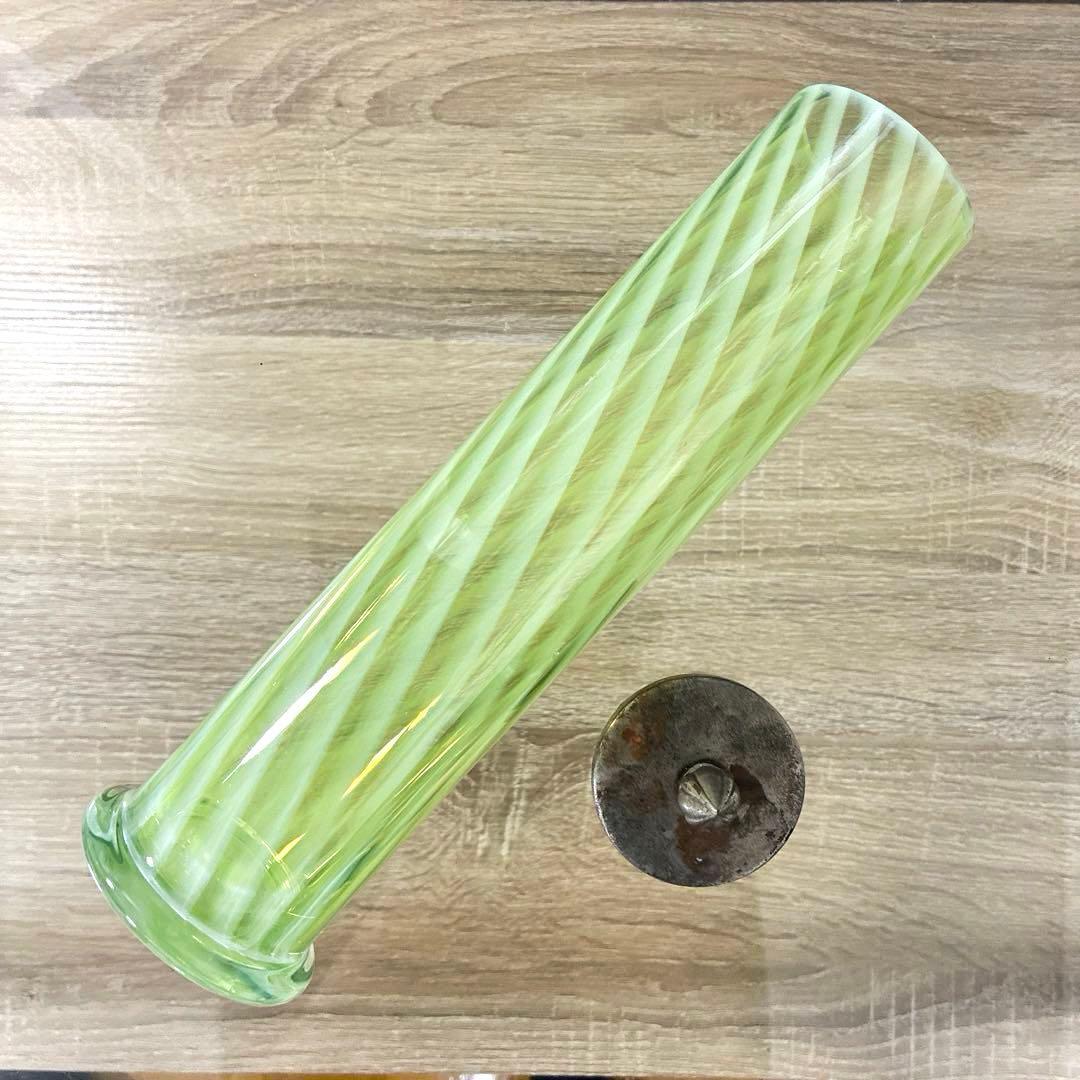 骨董 時代ガラス 希少 黄色乳白色 縞紋 筒型容器 花器 蓋は後付け