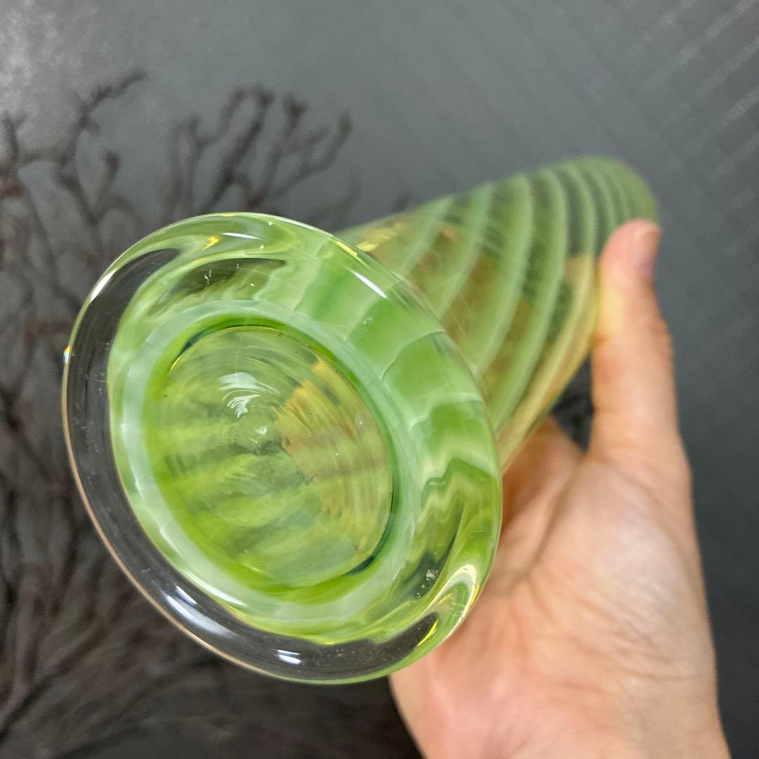 骨董 時代ガラス 希少 黄色乳白色 縞紋 筒型容器 花器 蓋は後付け