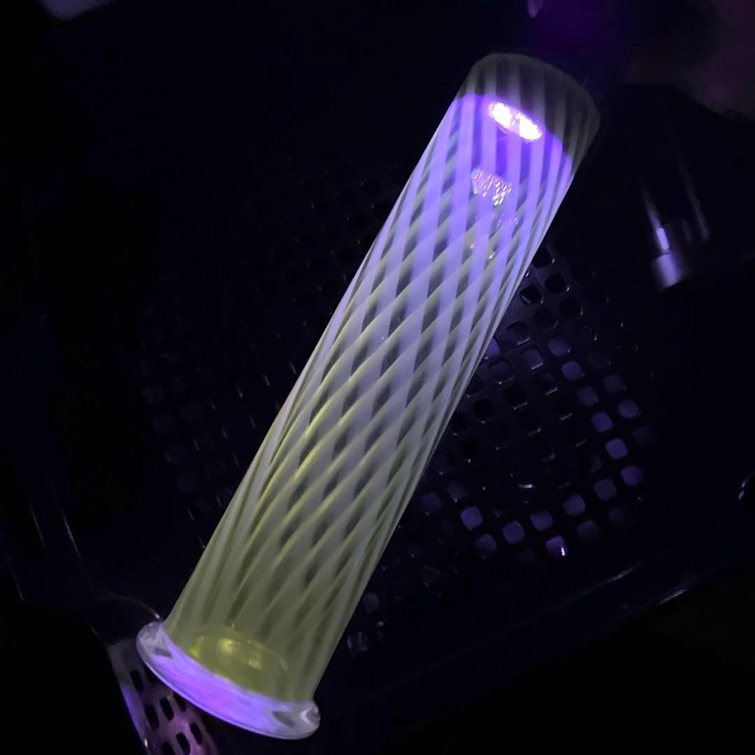 骨董 時代ガラス 希少 黄色乳白色 縞紋 筒型容器 花器 蓋は後付け