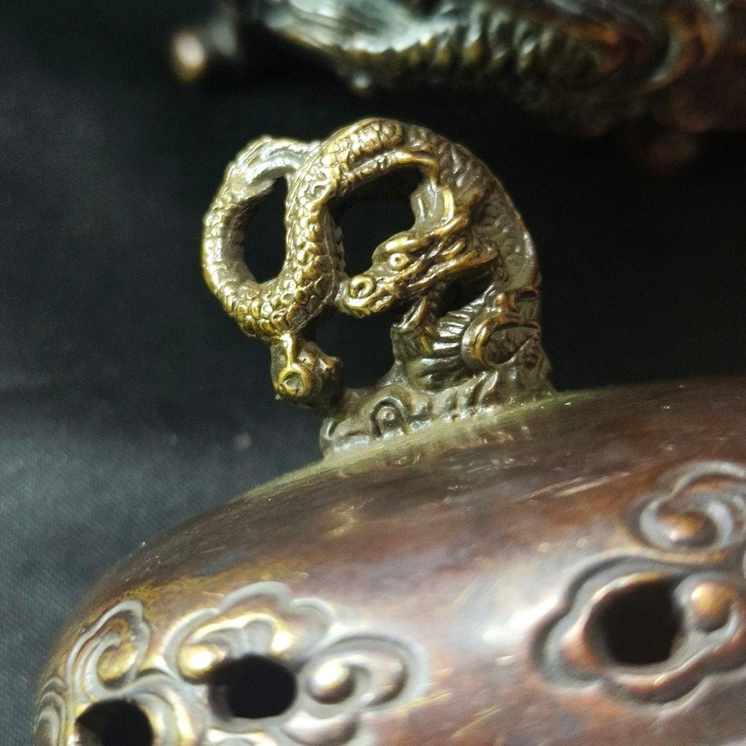 古銅香炉 佐渡名人『本間琢斎』造 双龍文 龍摘 コレクター放出美品