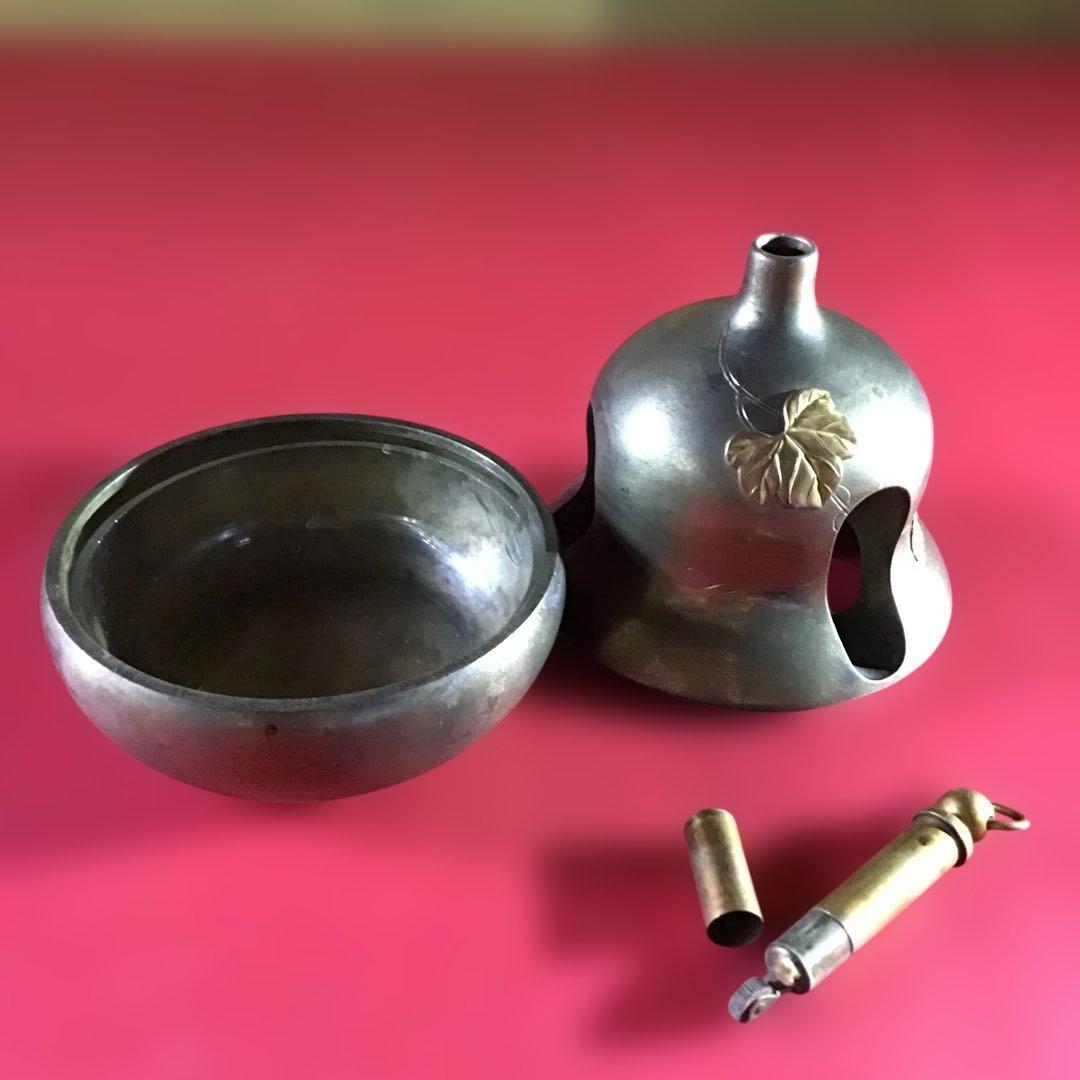 大珍品 白銅地据紋象嵌 香炉 アンティークライター付 昭和初期 B3