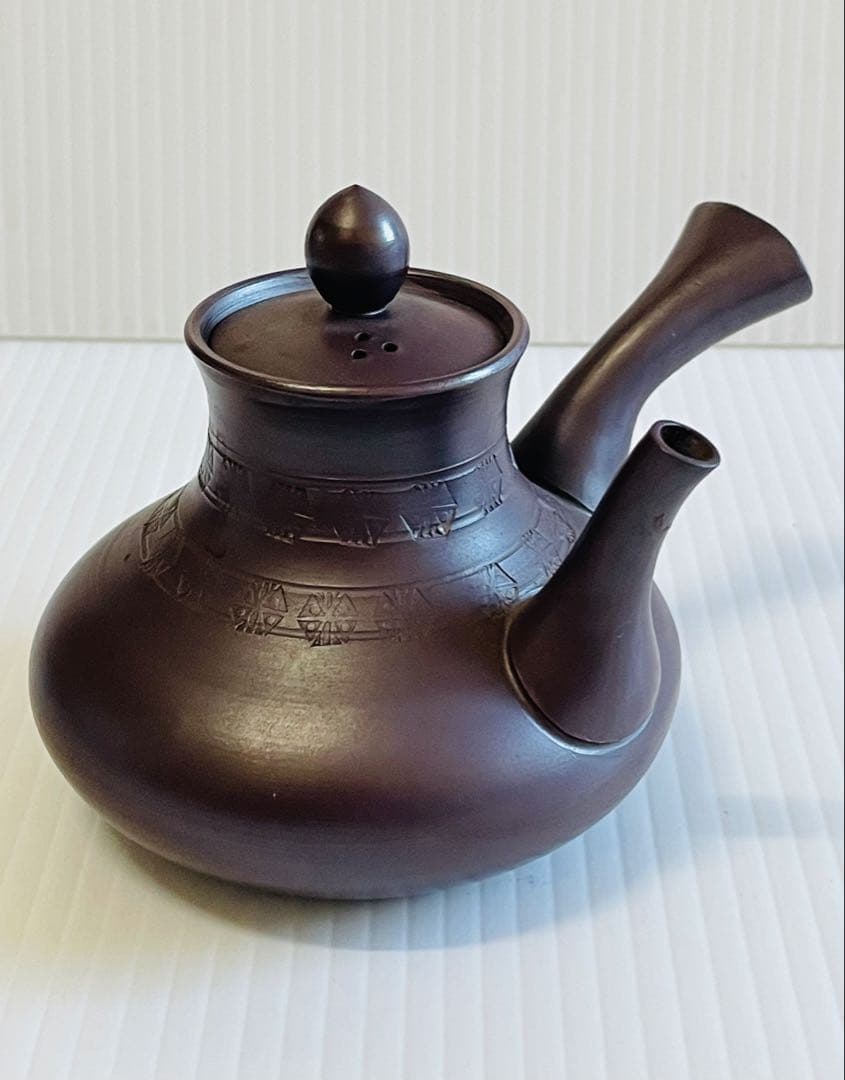 未使用品萬古焼 天王寺印花急須 一休作