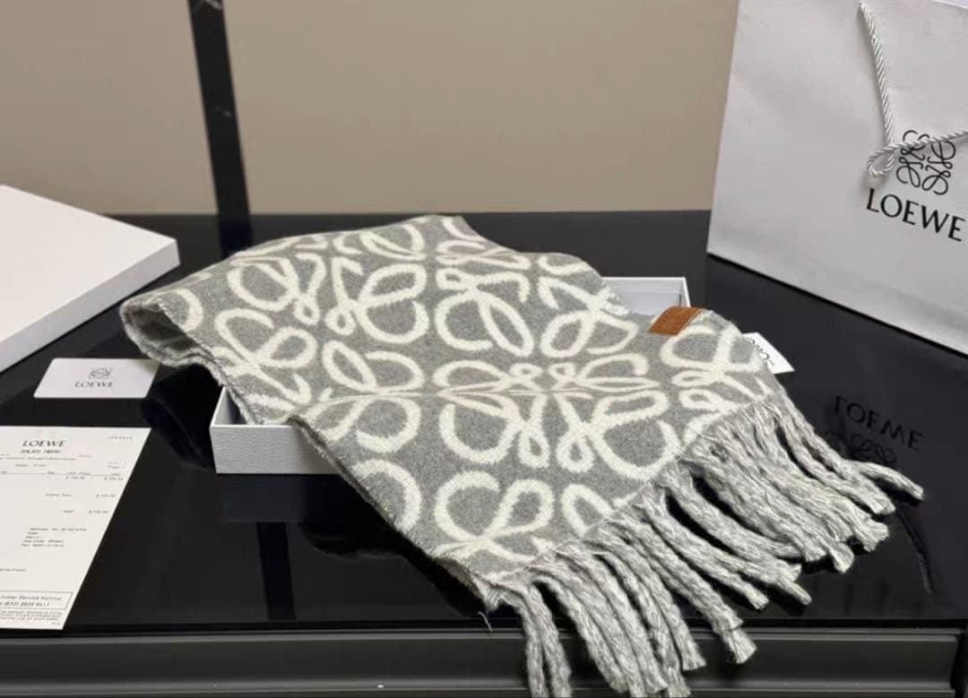 LOEWE ロエベ アナグラム マフラー グレー 180×30cm フリンジ付き