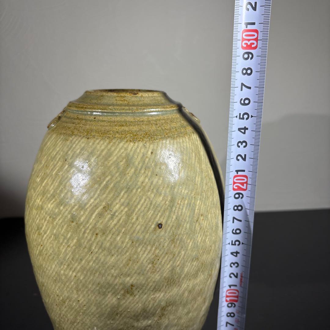 真作　人間国宝　島岡達三　地釉象嵌縄文壷　高さ約27センチ