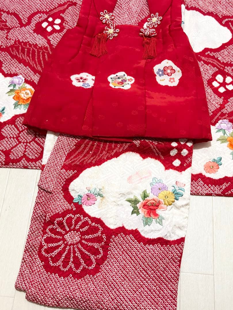 鶴　総絞り　正絹　七五三　３歳　被布　フルセット　一つ身