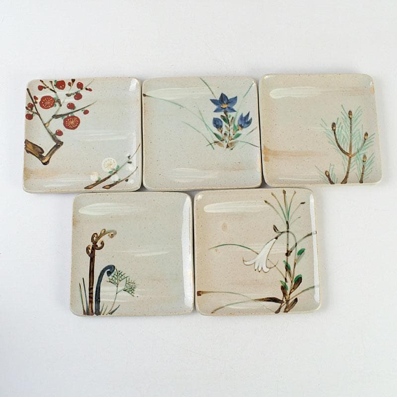 茶道具 幸兵衛窯 絵変四方皿 銘々皿 五客 共箱 N 9386