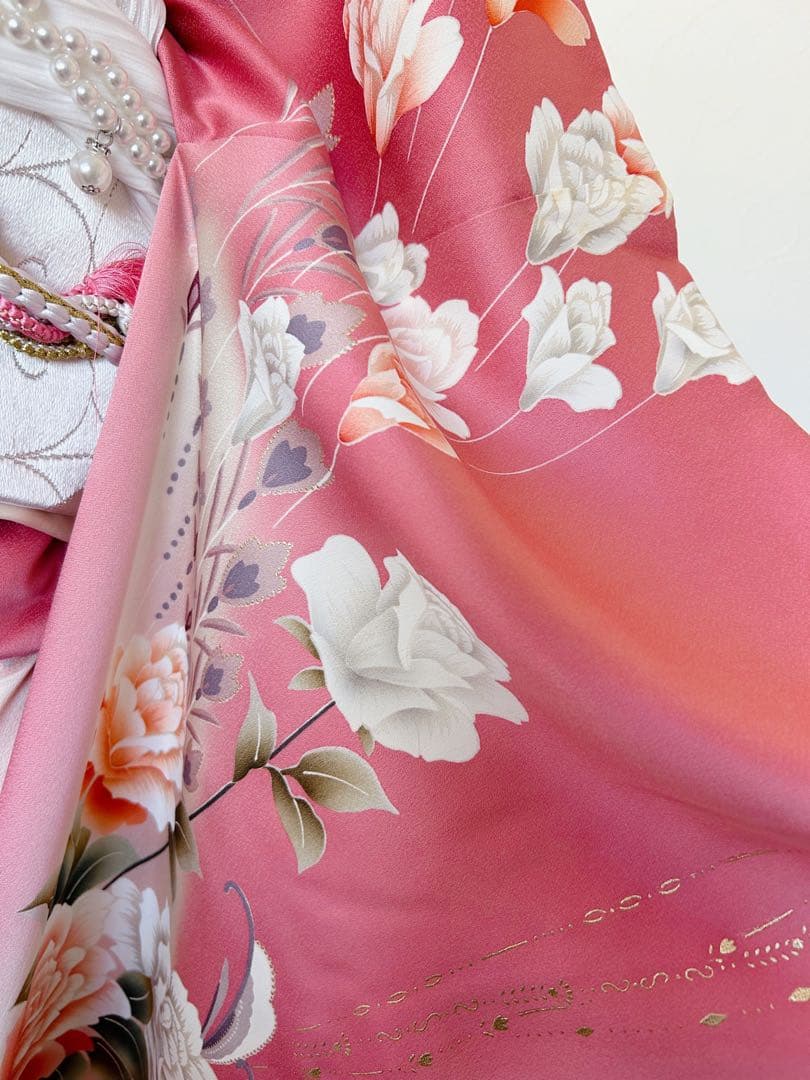 正絹振袖フルセット 豪華金彩 薔薇 パール姫 ピンク 花柄 振袖 絹