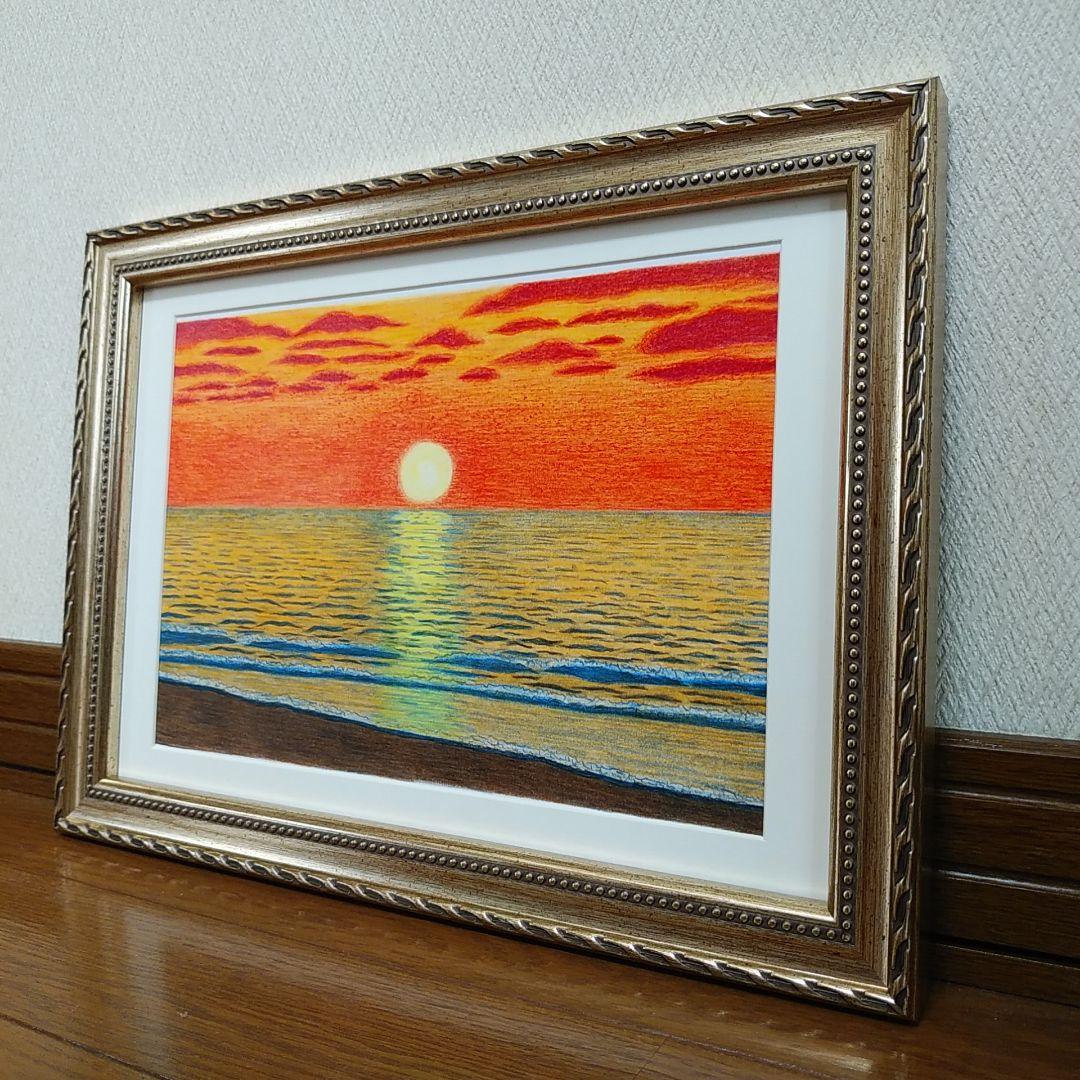 絵画色鉛筆風景画『夕日の海』原画
