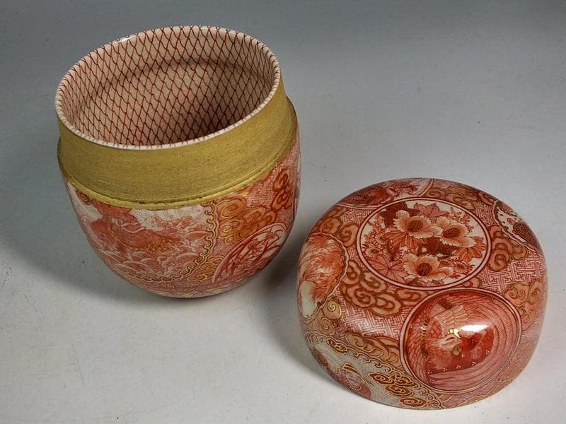 ☆ 福島武山 作 赤繪琴高仙人文 棗 九谷佐野窯盃 共