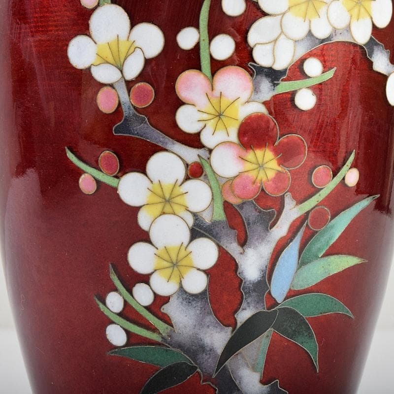 七宝焼 加藤七宝製作所 梅竹文 花瓶 台・箱付 M R9494