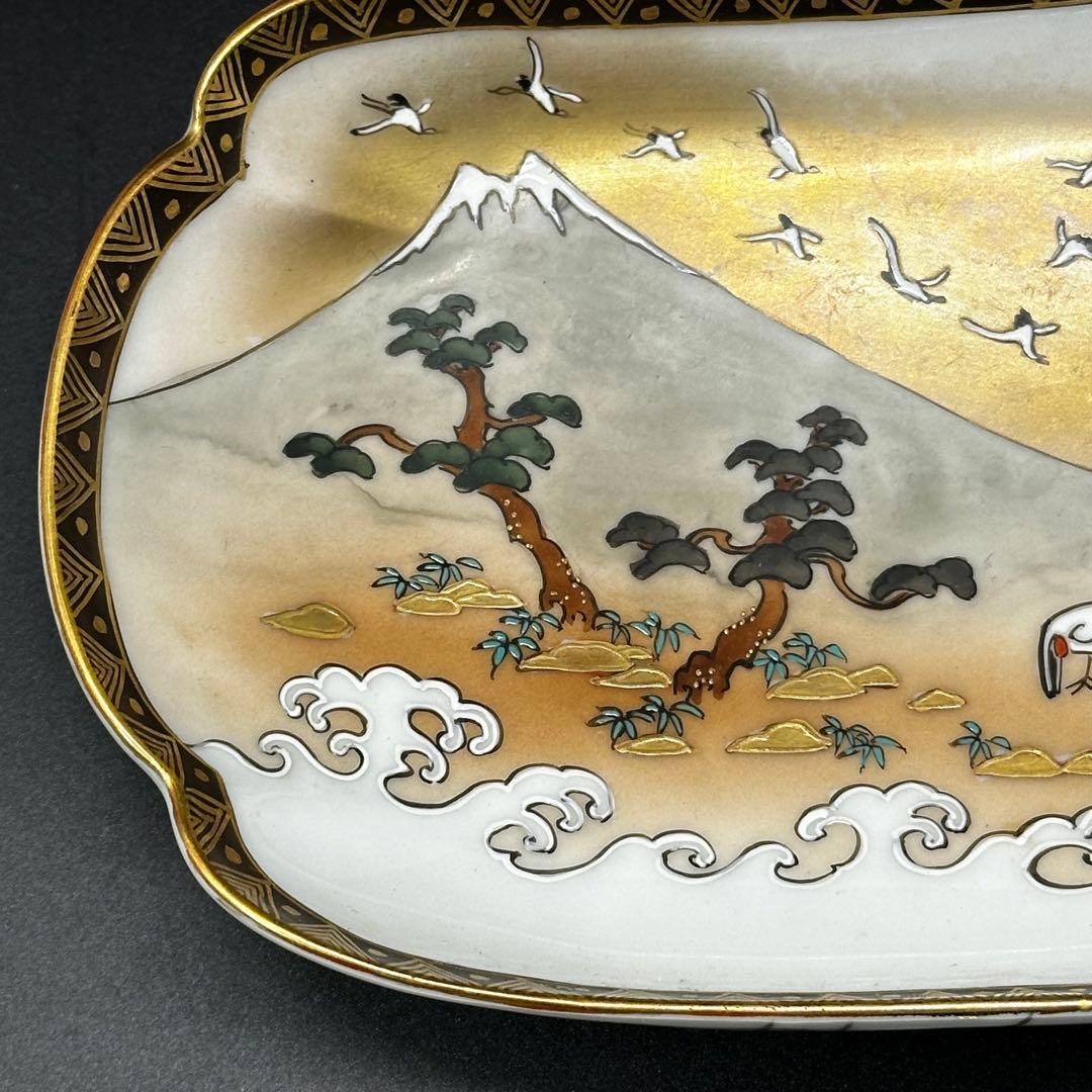 金彩 富士と松と鶴の絵柄 陶磁器 変形皿 5枚セット 明治期 九谷焼 友山製
