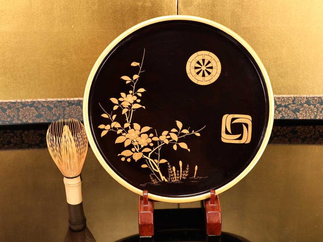 BK419 時代輪島塗 春草家門金蒔絵 丸盆 煎茶盆 菓子盆 三客 大聖寺