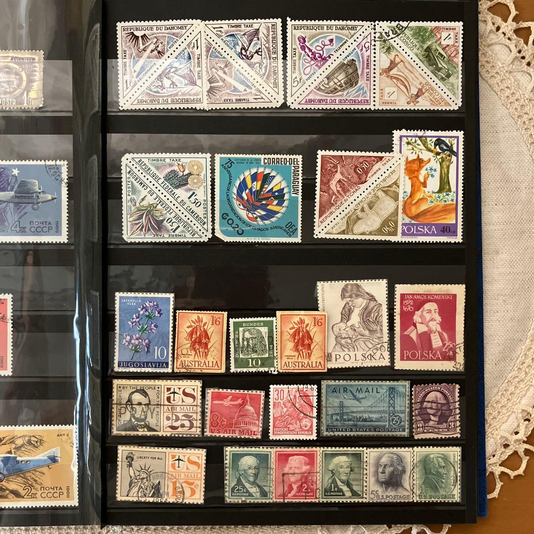 日本、世界の古切手コレクション 古いハガキ3枚 戦前 切手アルバム