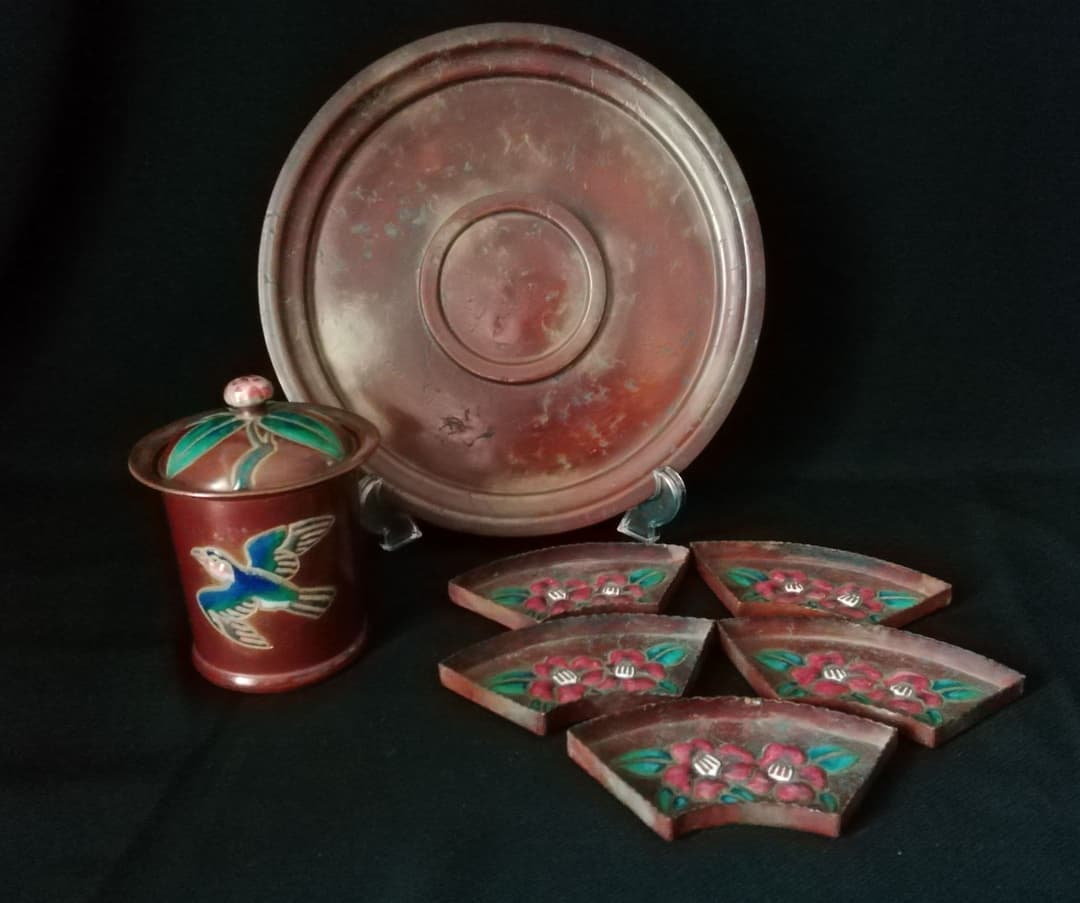 逸品珍品安藤七宝A銅製槌起七宝盆小物入れ銘々皿和骨董アンティーク