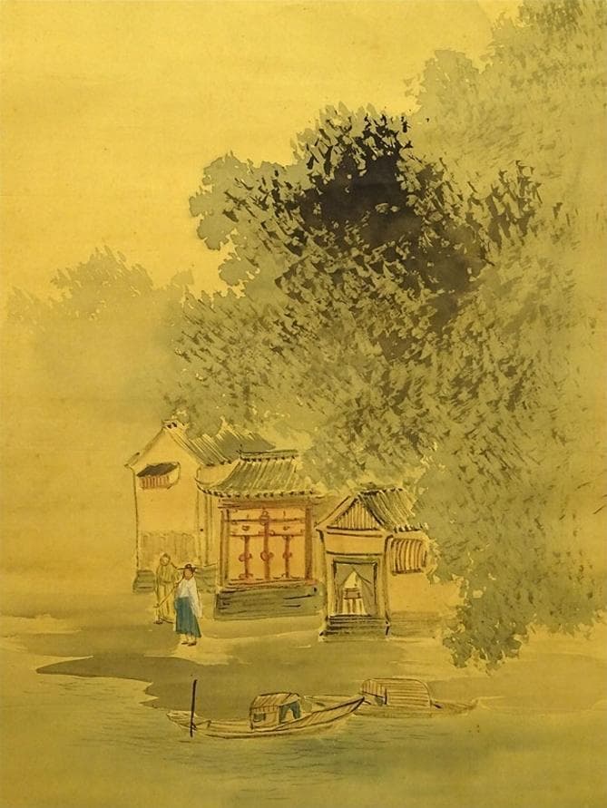 掛軸 川畑春翠『長安呂洞 山水図』日本画 絹本 肉筆 掛け軸 a062516