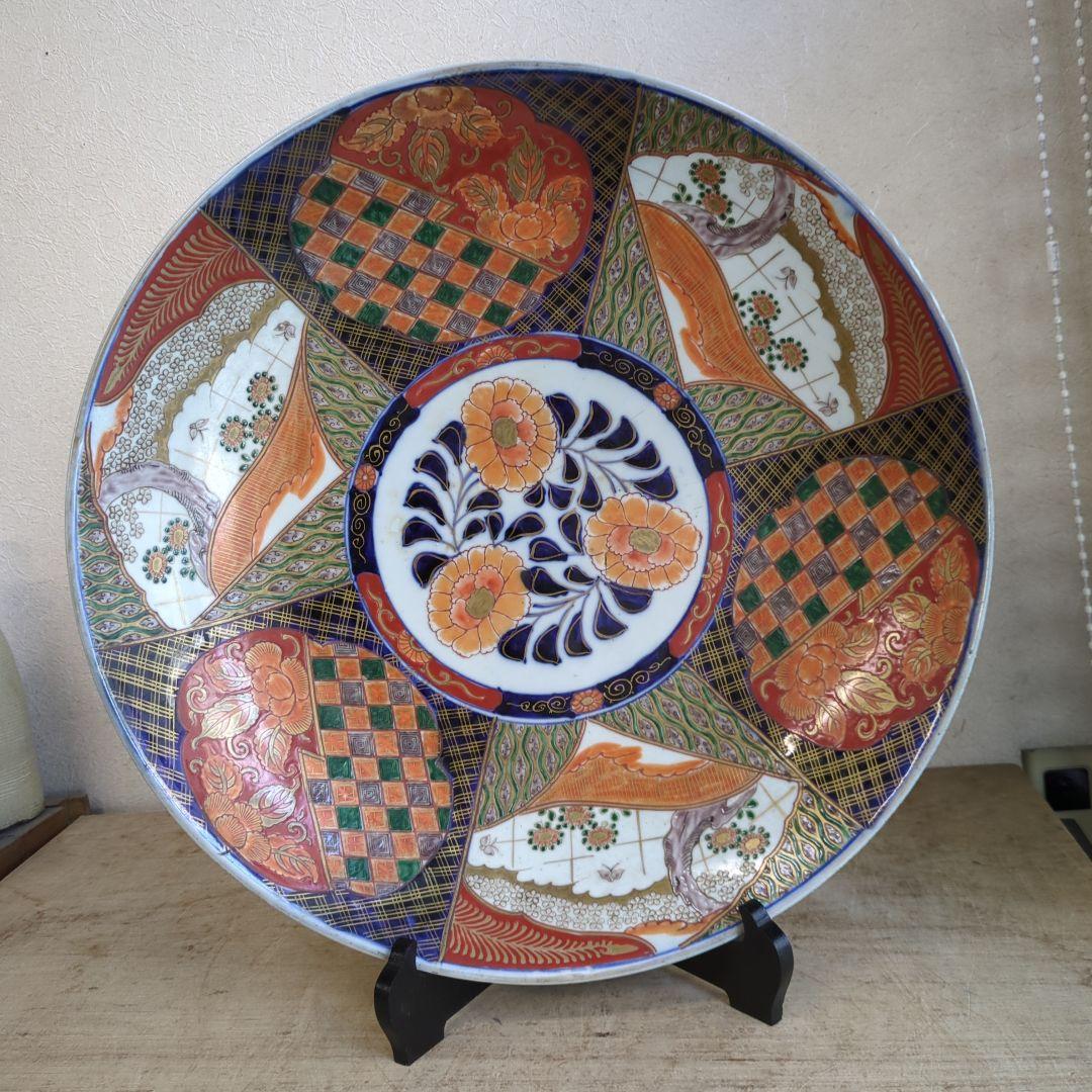 骨董 伊万里 直径45.7cm 大皿 染め錦 飾り皿 盛り皿 明治時代 骨董 伊万里 直径45.7cm 大皿 染め錦 飾り皿 盛り皿 明治時代
