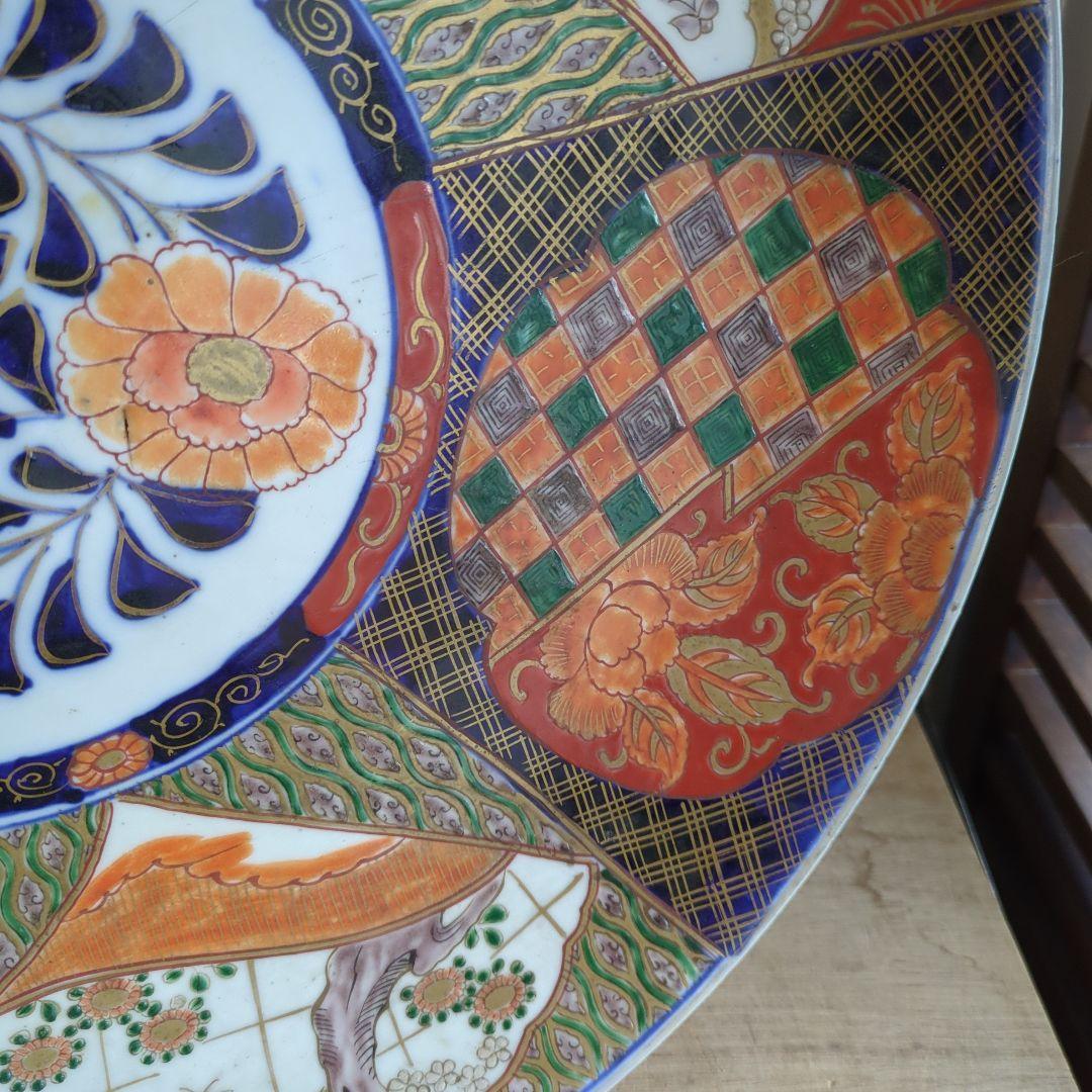 骨董 伊万里 直径45.7cm 大皿 染め錦 飾り皿 盛り皿 明治時代