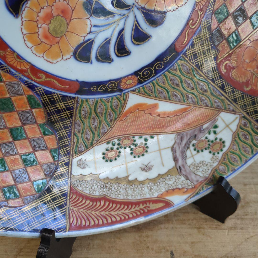 骨董 伊万里 直径45.7cm 大皿 染め錦 飾り皿 盛り皿 明治時代