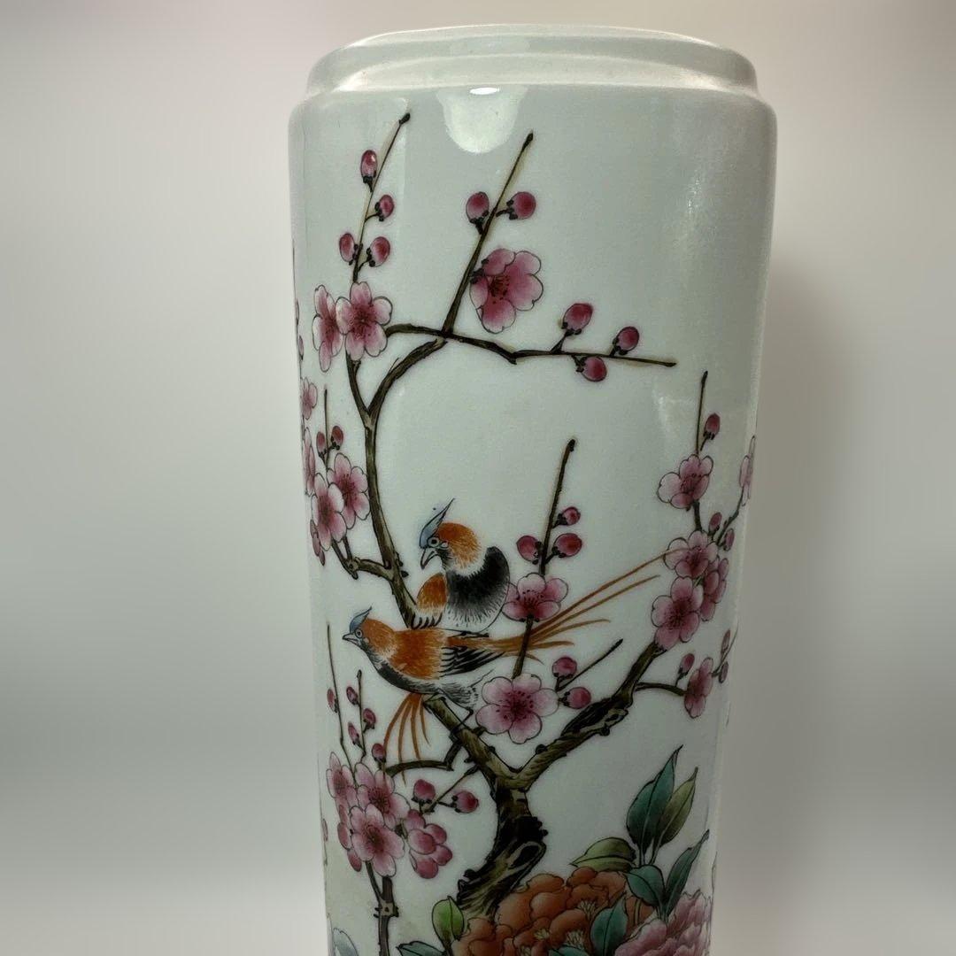 中国，景的鎮，花器，花瓶，花鳥装飾の円筒形陶器