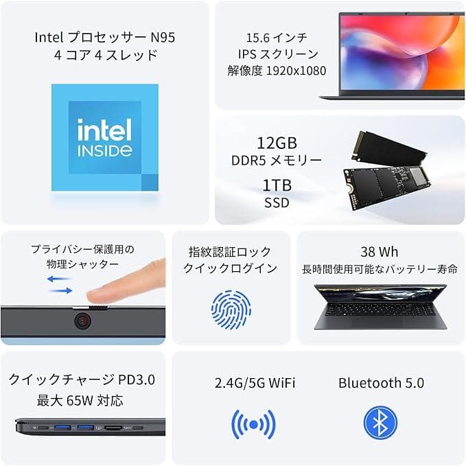 ノートPC15.6型 N95/12GB/1TB/Win11/Office2024