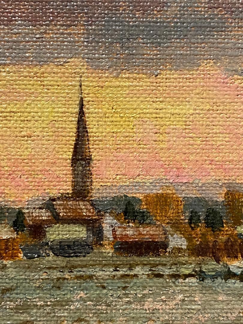 真作」山田嘉一郎「暮れゆくチャペル」風景画 絵画 油彩画 直筆サイン