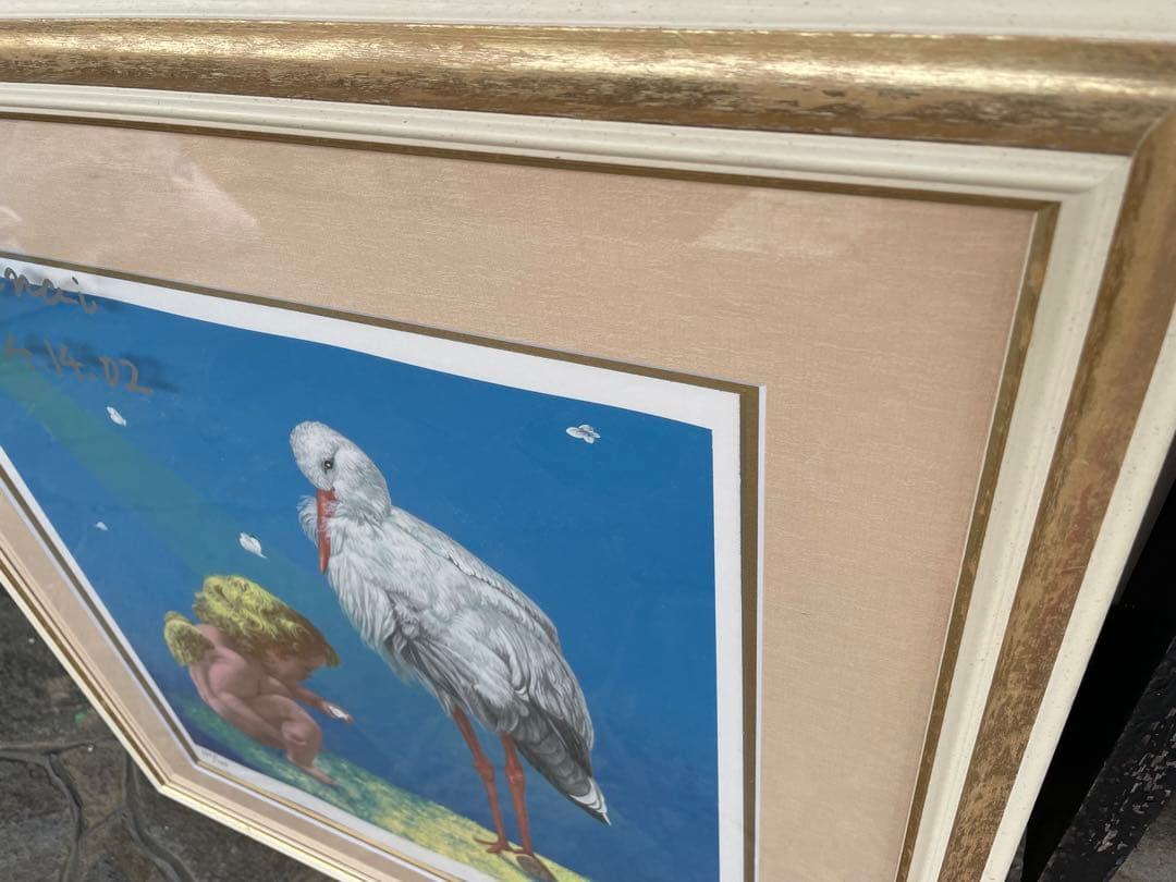 柳井伊都岐 版画 絵画 リトグラフ 165/300 天使とコウノトリ 美術品