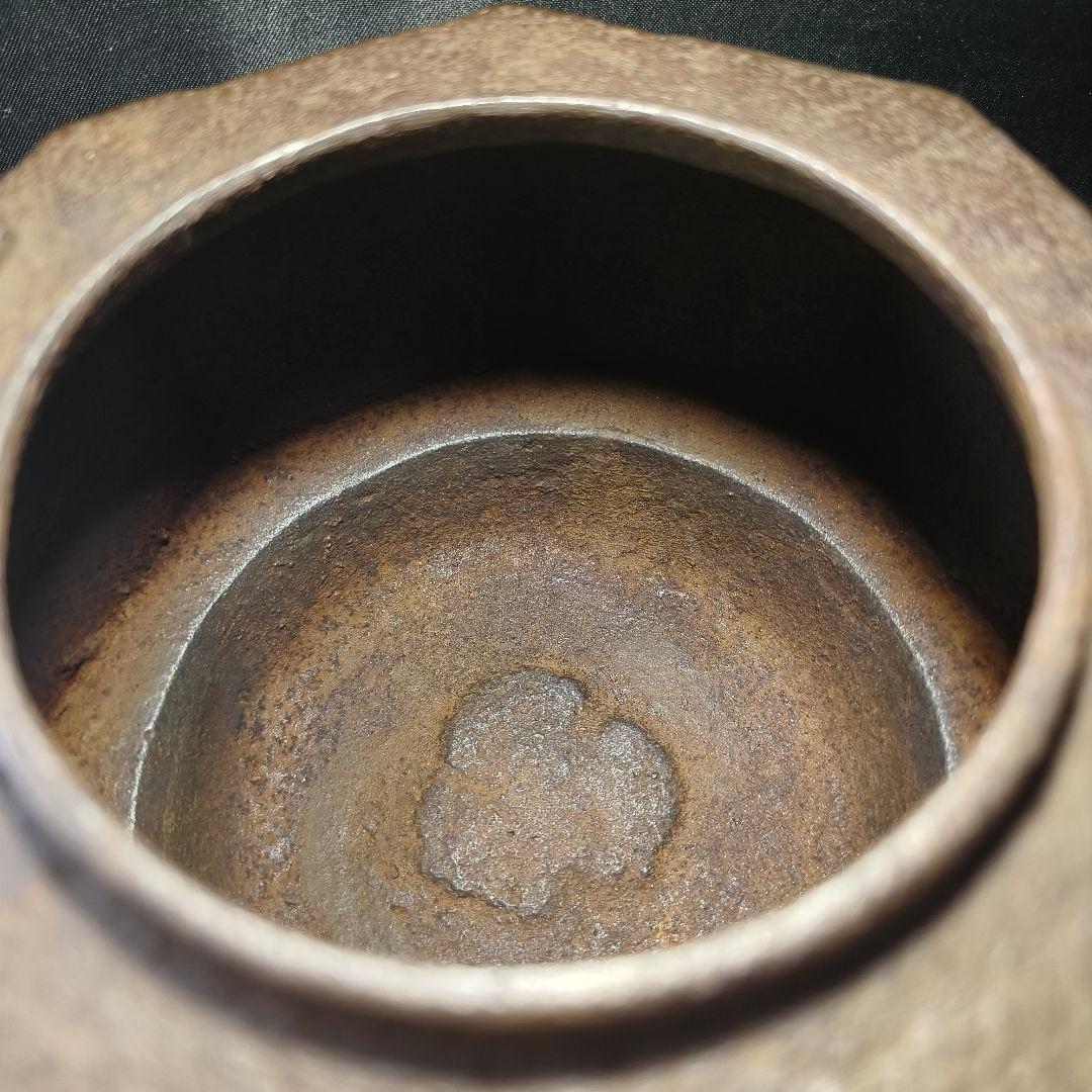 茶道具 南部鉄器 面取り鉄瓶 近江八景文 紫銅蓋 銀象嵌取手 明治骨董